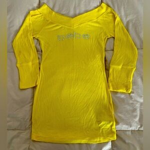 Bebe Yellow Long Sleeve Shirt Rhinestone Bebe logo on front, size SM